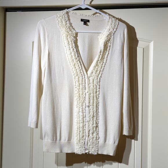 Talbot's Off-White Ruffle Front V-Neck 3/4 Length Sleeve Silk Cardigan Sz M - Picture 1 of 9